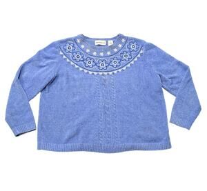 Alfred Dunner Blue Floral Crew Neck Formal Sweater